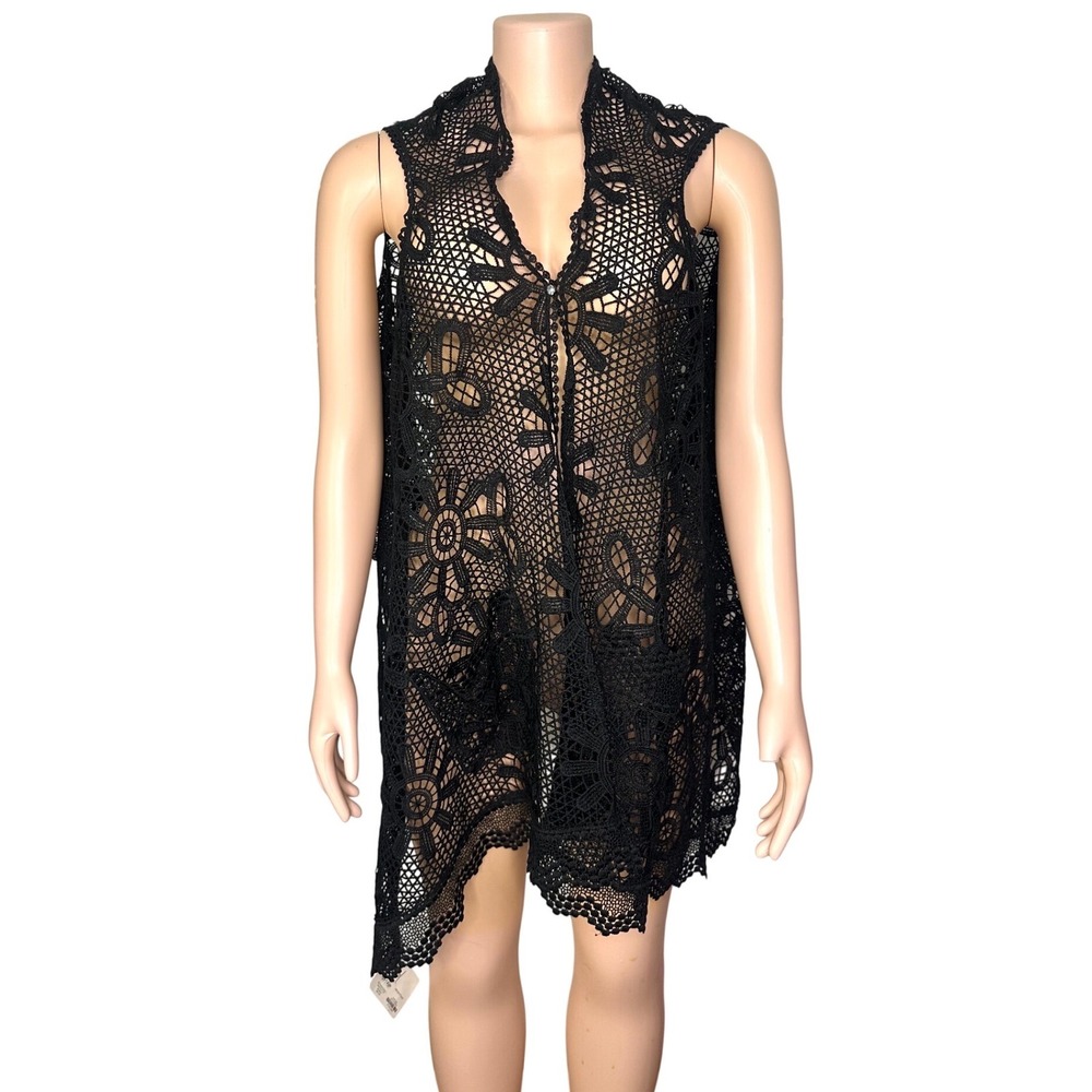 Rooted Soul‎ Women's Black Lace Kimono Style Vest With Pockets Black One Size
